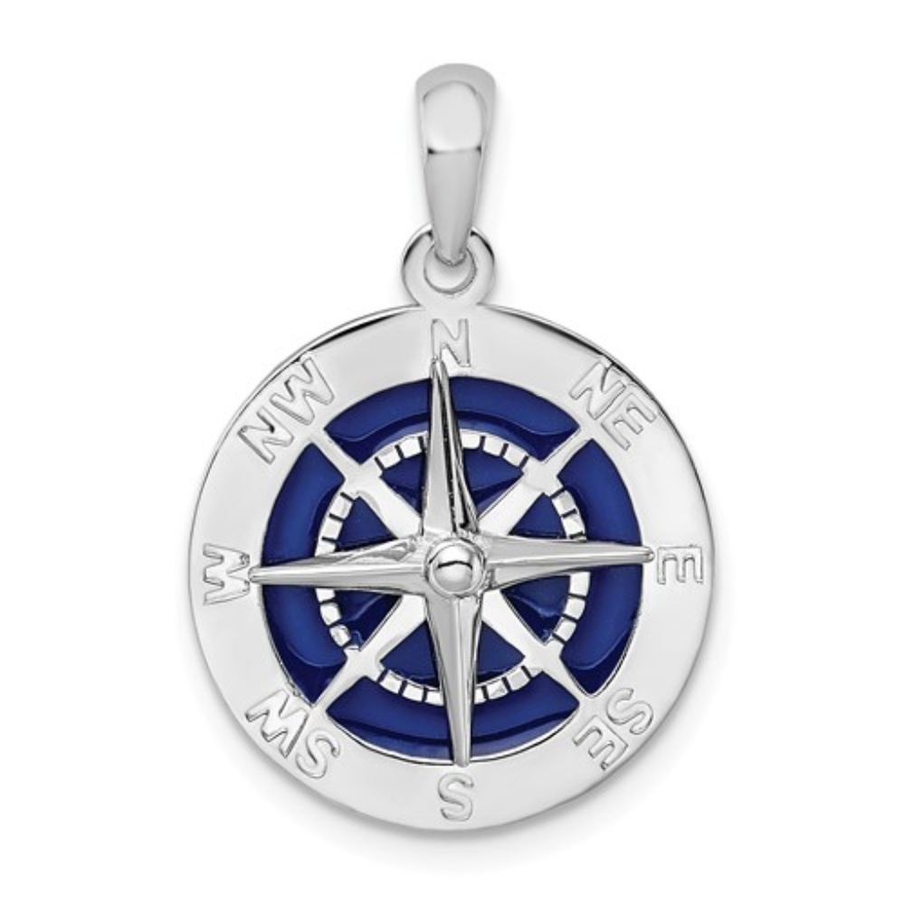 Million Charms 925 Sterling Silver Nautical Blue Enamel Compass Pendant, Small